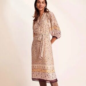 Ann Taylor Floral Paisley Print Tie Waist Midi Dress Balloon Sleeve Boho Size L